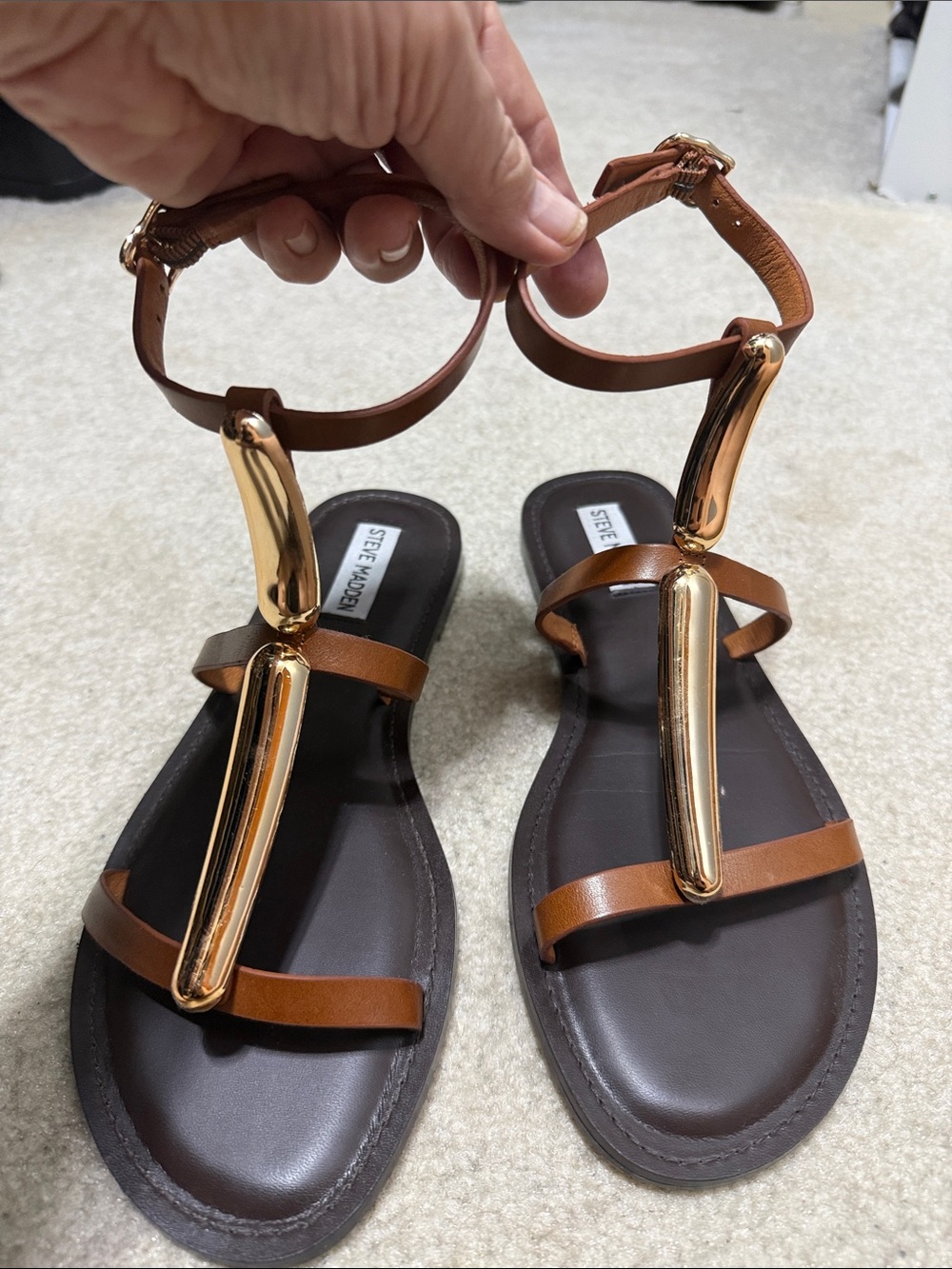 Steve Madden Brown Leather T-Strap Sandals with Gold Accents - 8.5M